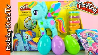 Play-Doh Rainbow Dash Makeover! Surprise TOYS in MLP Play-Doh Cans + Spelling Eggs HobbyKidsTV