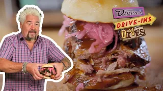 Guy Fieri Eats Pulled Pork, Brisket & Sausage Sandwich | Diners, Drive-ins and Dives | Food Network