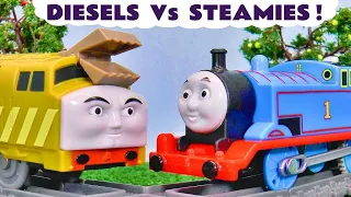 TOY Train Stories with Thomas Trains and Funlings - Steamies vs Diesels