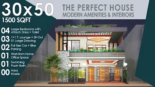 30X50 Feet | 1500 sqft House Design with Large Bedrooms & Office | 165 Gaj | 9X15 Mtr. Plan | ID-103