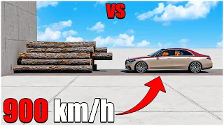 BeamNG Drive v0.32 | Mercedes Maybach S680 VS Logs at 900 km/h! Can the Dummy Survive? | car torture