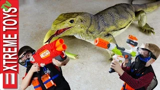 Wild Monitor Lizard Stow Away Part 2! Giant Lizard Toy Attacks! Boys Fight Back with Nerf Blasters.