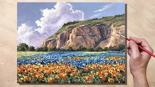 Acrylic Painting Flower Field Valley Landscape