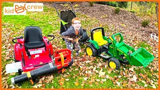 Collecting leaves with kids zero turn mower, tractor, and truck. Educational leaf blowers | Kid Crew