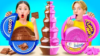 BUBBLE GUM VS CHOCOLATE FOOD CHALLENGE || Chocolate Fountain Fondue by 123GO! CHALLENGE