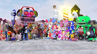ALL FNAFs 1-9 SECURITY BREACH ANIMATRONICS VS ALL MONSTERS AND AMAZING DIGITAL CICRUS CHARACTERS!!