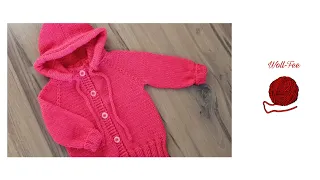 Babyjacke mit Kapuze stricken, Schritt für Schritt Anleitung, siehe Infobox für andere Größen