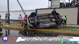 TRAS DESPISTE Y VOLCADURA CAMIONETA SE ESTRELLA CONTRA UN POSTE EN LA AV  ROOSEVELT TRAS SER ROBADA.