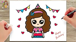 How to Draw a Cute little Girl Birthday / How to Draw a Birthday Girl Easy Step by Step