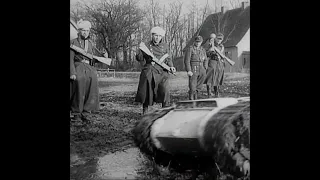 Goliath tracked mine and Gustloff Volkssturmgewehr rifles in Poland in 1945