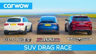 Jeep Trackhawk vs Tesla Model X vs AMG GLC 63 - DRAG RACE, ROLLING RACE & BRAKE TEST