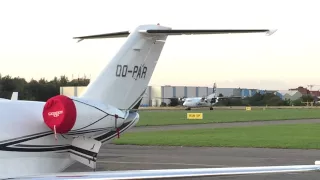 VLM Fokker 50 take-off during nice sunset at Kortrijk-Wevelgem Airport