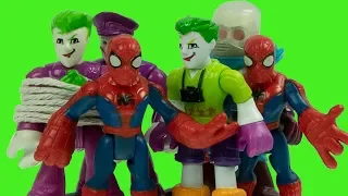 SPIDERMAN fights lots of JOKER imaginext toys after MR FREEZE clones them