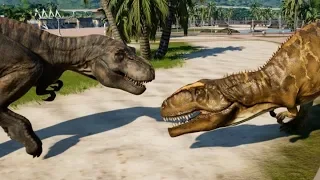 2 T-Rex & 2 Giganotosaurus Breakout & Fight! Jurassic World Evolution (1080p 60FPS)