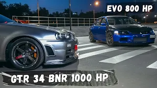 EVO 800hp 100-200 4.29  vs GTR34 1000hp 100-200 4.28