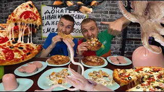 WHO FASTER TO EAT SAUSAGE PIZZA SEAFOOD (squid, mussels, octopus, shrimp)