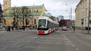 CAF Urbos tram in Tallinn, Estonia, departing Freedom Square