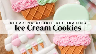 Cookie Decorating - Ice Cream Cart, Cone and Waffle Cone Bowl #cookies #royalicing #relaxingvideo