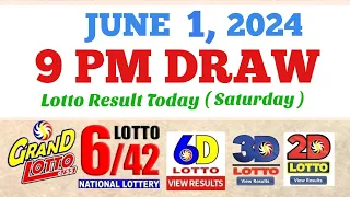 Lotto Result Today 9pm draw June 1, 2024 6/55 6/42 6D Swertres Ez2 PCSO#lotto