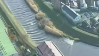 A tsunami wave filmed in Japanese river