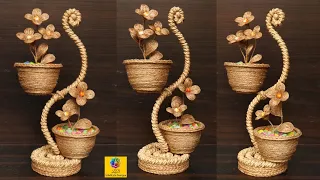 DIY Flower and Flower vase Decoration Idea with Jute Rope | Home Decor Jute Flower Showpiece Design