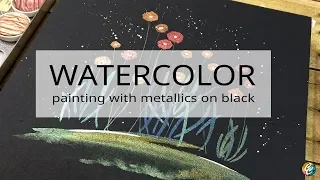 watercolor painting with metallics on black paper