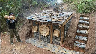 Primitive Bushcraft Shelter In The Rain Forest - Stone Roofed And Stone Wall