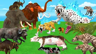 10 Tiger Vs 5 Hyenas Fight Giant Lion Attack Cow Cartoon Buffalo Saved by 2 Woolly Mammoth Mastodon