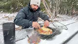 BushCraft cooking in the winter snow blizzard | Solo Subaru Outback camping in snow