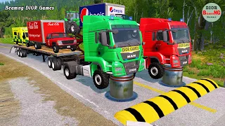 Double Flatbed Trailer Truck cars vs rails tractor vs train cars vs bollards Beamng Drive 427