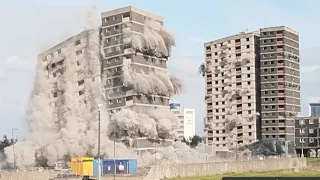 Building Demolition Compilation With Industrial Explosive and Heavy Machines