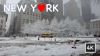 New York City, Midtown Manhattan City Snow Day Walk Tour, Times Square, 4K Travel