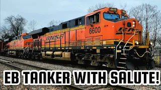 [4K] BNSF UNIT TANKER TRAIN WITH SALUTE FROM CREW ON THE TRANSCON!