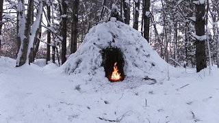 Wikiup Shelter Build - Snow Storm, Forest Camp | Winter Bushcraft