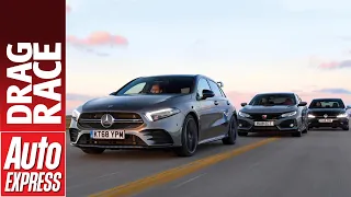 Mercedes-AMG A 35 vs Honda Civic Type R vs Volkswagen Golf R drag race - battle of the hot hatches