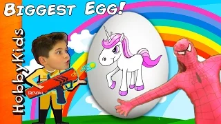 GIANT RAINBOW UNICORN Surprise Egg! Nerf RUN with HobbyKidsTV