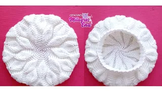 Como tejer la Boina N° 47 y gorro a crochet en punto hojas en relieve para niñas y damas paso a paso