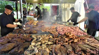 Argentina Street Food. Cutting and Grilling Huge Blocks of Angus and more Juicy Grilled Meat