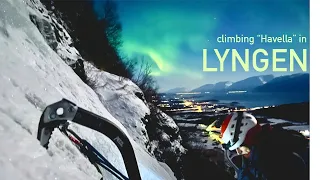 Climbing ice in Lyngen Havella during full moon and northern lights