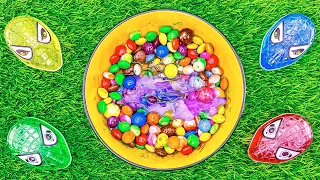 Very Satisfying Video l Mixing Glitter Slime with Rainbow Candy & Glossy Skittles Cutting ASMR