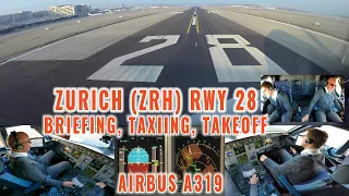 ZURICH (ZRH) | Airbus pilots + cockpit views | Briefing, taxiing, takeoff + departure Runway 28