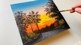 Paint on Cardboard Box / Sunset Acrylic Painting #218