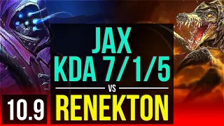 JAX vs RENEKTON (TOP) | 4 early solo kills, KDA 7/1/5, 600+ games | EUW Challenger | v10.9