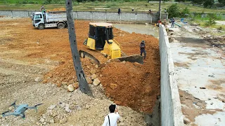 Finally Processing Activities Komatsu Dozer DR51X Pushing Rocks Filling Land | Dump Truck Unloading