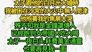 太子跟他的白月光大婚時，我被困在冷宮的大火中 無人問津，他抱著我的焦屍大哭，殊不知我是金鐘罩傳人，已經跑到女帝國大吃大喝,太子一夜白头 耗費萬金通靈，也要再見我一面