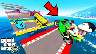 FRANKLIN TRIED IMPOSSIBLE STEEP ROAD MEGA PARKOUR RAMP CHALLENGE GTA 5 | SHINCHAN and CHOP