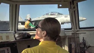 Flight Deck Operations – View From 'The Bubble' On Aircraft Carrier