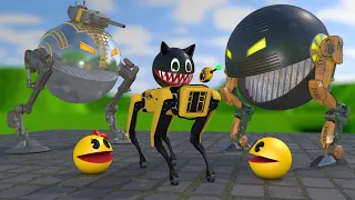Pacman vs Cartoon Cat & Robot Dog & Two Walking Robot Monsters