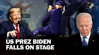 US President Joe Biden trips and falls, Trump responds, Biden jokes “got sandbagged”