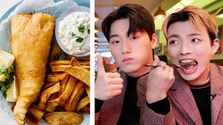 K-Pop Idols try Fish and Chips for the first time!! ft. ATEEZ